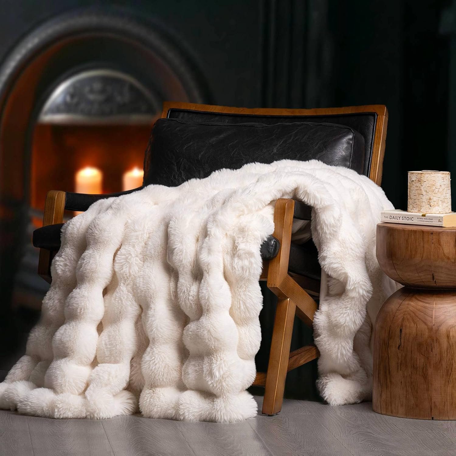 EverGrace Ultra Soft Luxury Fluffy Faux Rabbit Fur Throw Blanket, Thick Warm Bubble Throw for Bed, Cozy Plush Reversible Blankets for Couch, Chair, Sofa, Ivory White, 50×60 Inches