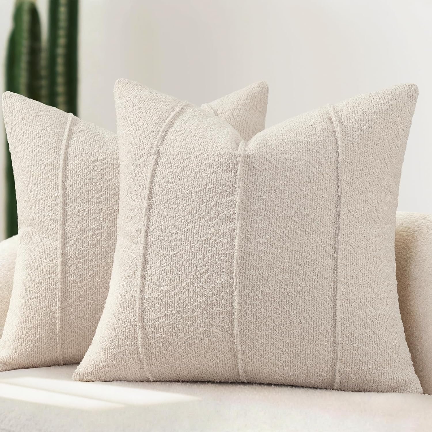 YCOLL Textured Boucle Throw Pillow Covers 18×18 Pack of 2 – Soft Neutral Striped Cushion Covers, Cozy Accent Decorative Pillow Covers for Couch, Sofa, Bed, Living Room (Beige)