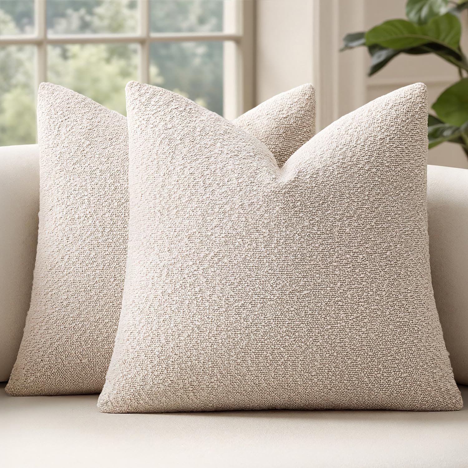 MIULEE 20×20 Inch Decorative Pillow Covers for Couch Bed Set of 2 Textured Boucle Neutral Throw Pillow Covers Natural Beige Ivory Accent Solid Pillowcases Sofa Living Room Home Decor