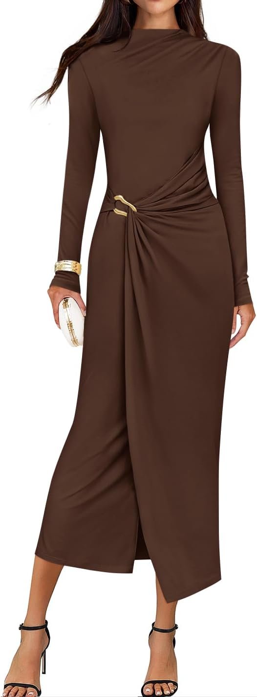 ZESICA Women’s 2026 Spring Long Sleeve Bodycon Dress Mock Neck Wedding Guest Cocktail Party Long Midi Dresses