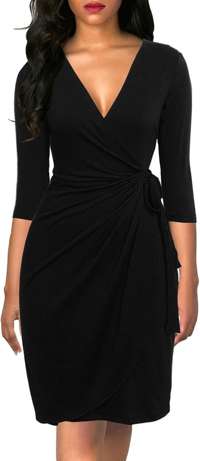 Berydress Women’s Classic 3/4 Sleeve V Neck Sheath Casual Party Work Faux Black Wrap Dress