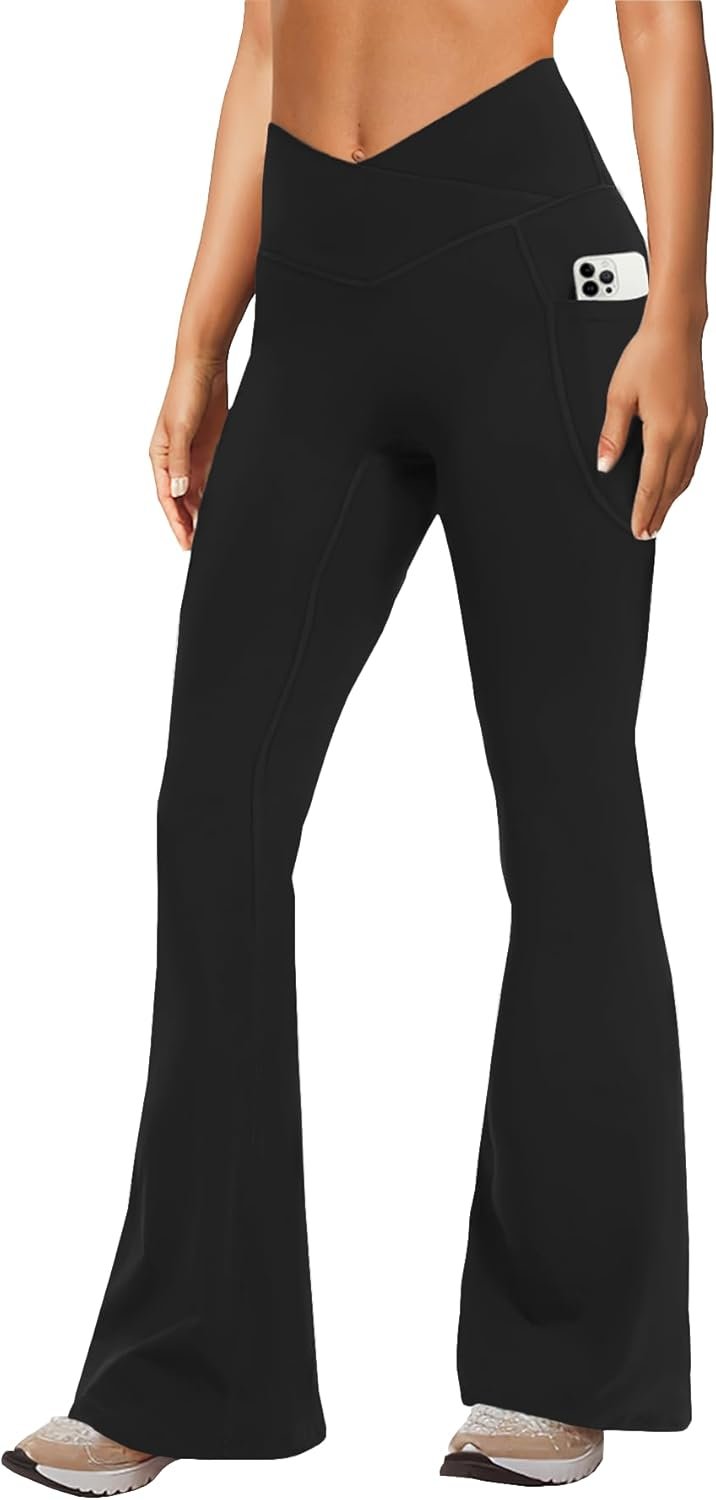 DLOODA Women’s Yoga Pants with Pockets No Front Seam Crossover High Waisted Flare Leggings Tummy Control Bootcut Pants