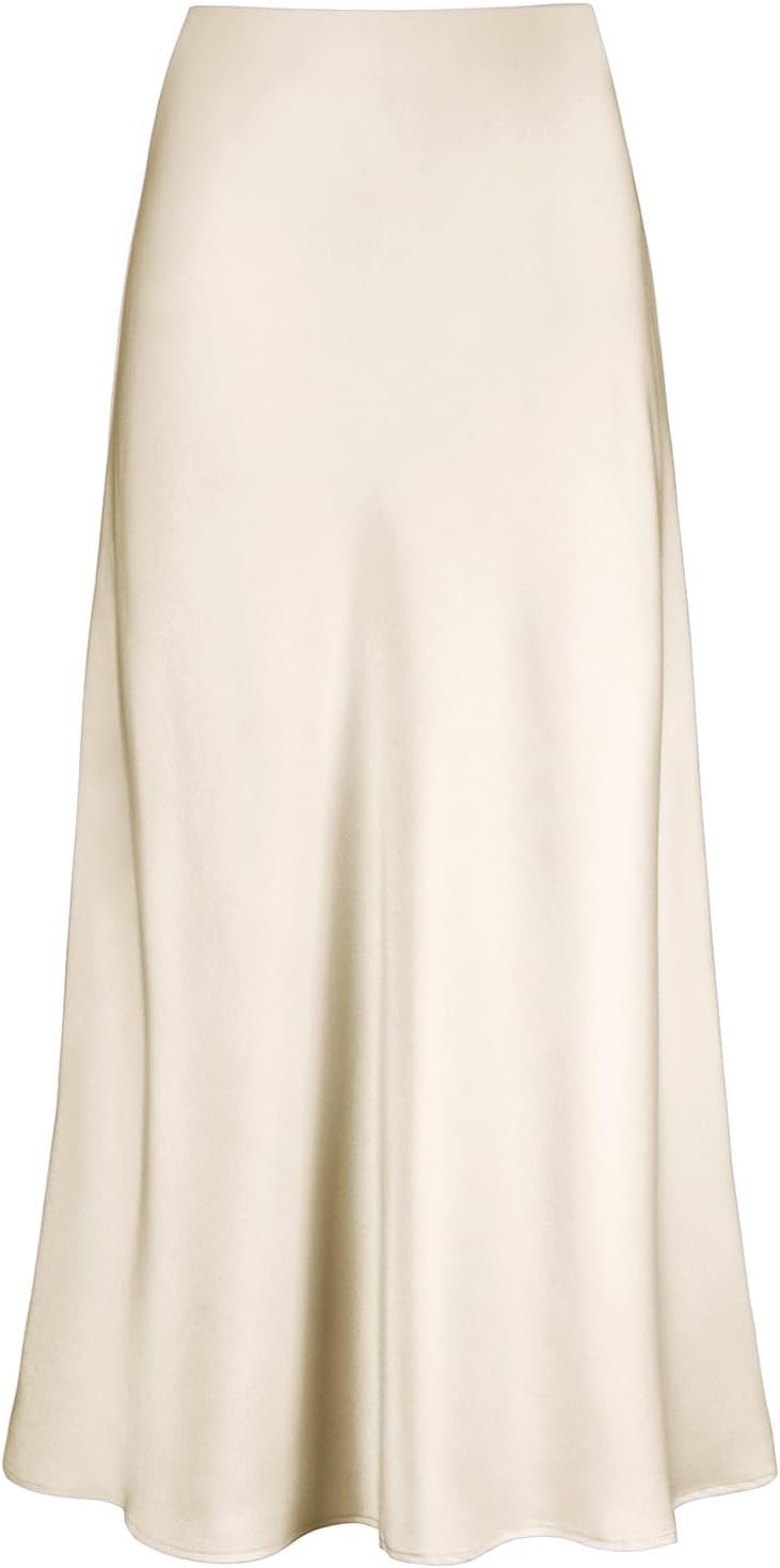 Outoshe Women’s Satin High Waisted Maxi Skirts Hidden Elasticized Waistband A Line Long Skirt