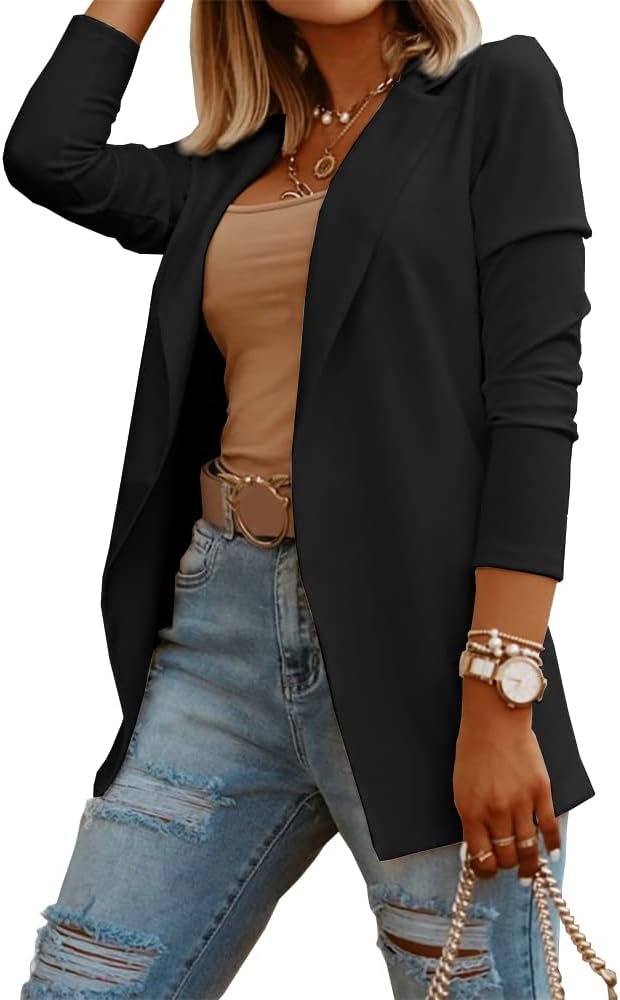 Womens Casual Long Sleeve Blazers Solid Color Knit Blazer Work Office Open Front Blazer Jacket