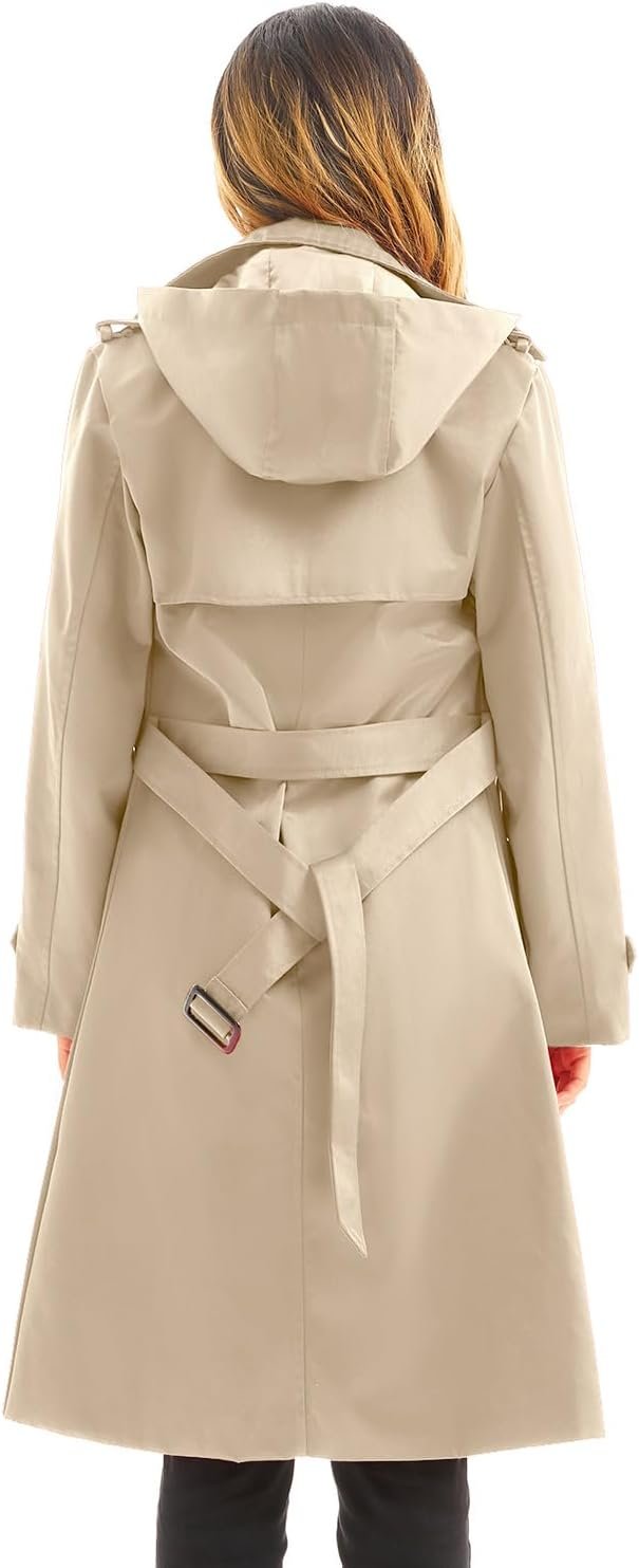 Women’s Waterproof Long Trench Coat Double Breasted Windbreaker Classic Lapel Belted Coat With Detachable Hood