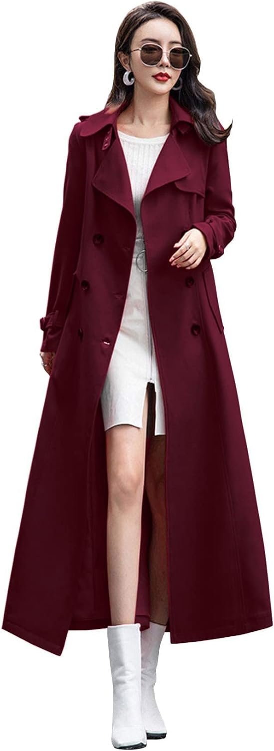 ebossy Women’s Double Breasted Duster Trench Coat Slim Full Length Maxi Long Overcoat