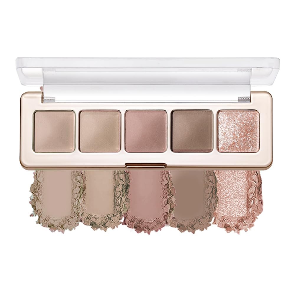 5-Color Neutral Nude Matte & Shimmer Eyeshadow Palette, Rose Cocoa Brown Pink Cool-Tone Mattes & Glitter Eye Shadow Contour Palette for Mature Women, Blue Green Eyes, Daily Natural Makeup
