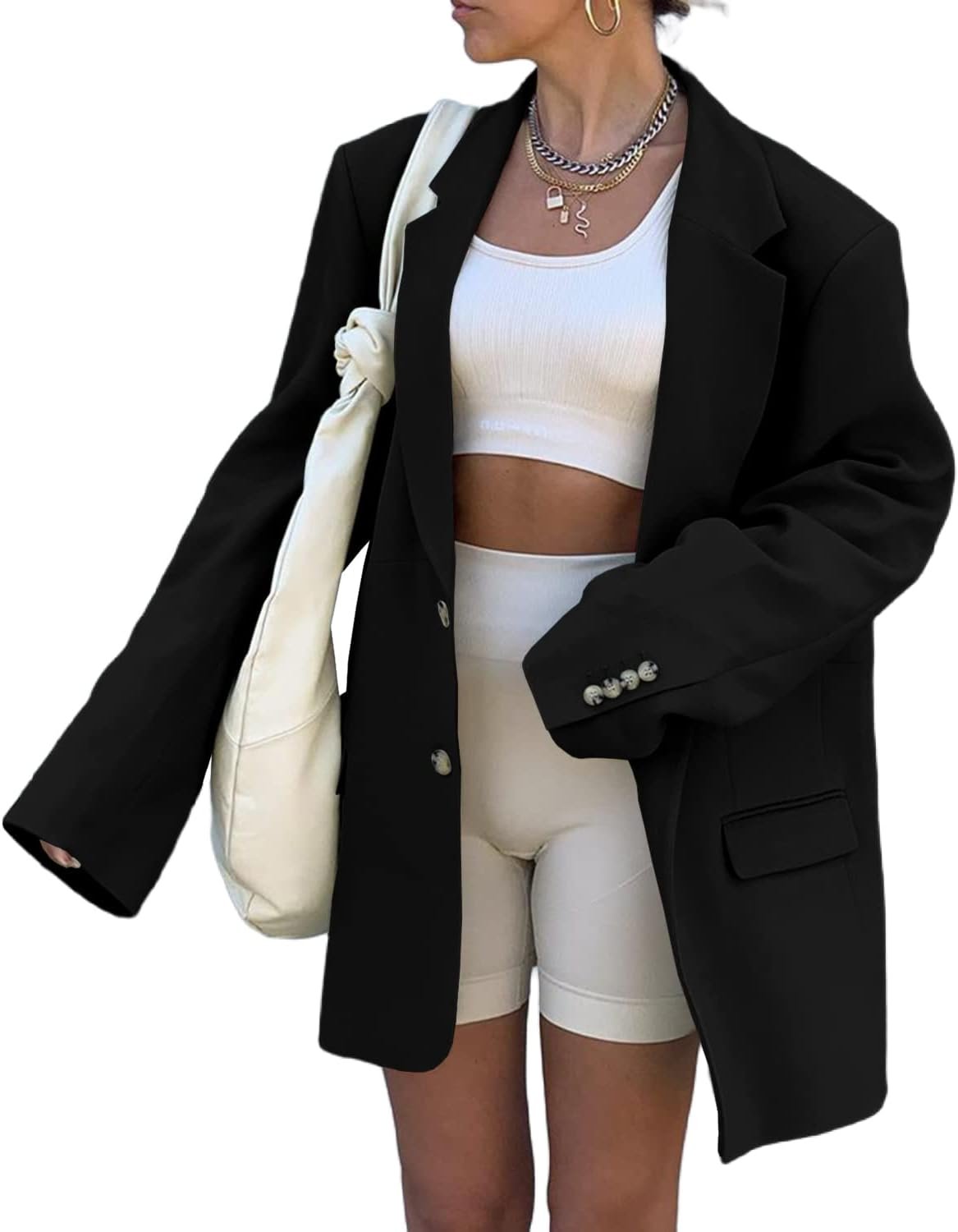 Grlasen Women Casual Elegant Long Sleeve Oversized Lapel Blazers Open Front Solid Work Office Jacket Blazer
