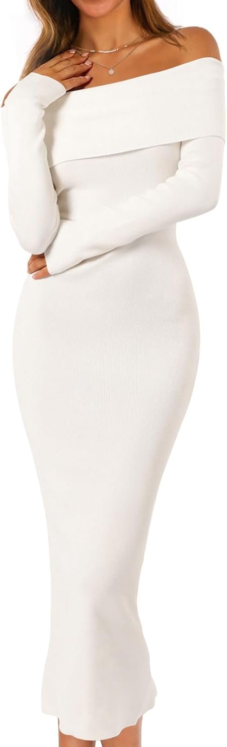 MEROKEETY Women’s Winter Off Shoulder Bodycon Sweater Dress 2026 Spring Formal Long Sleeve Elegant Club Party Midi Dresses