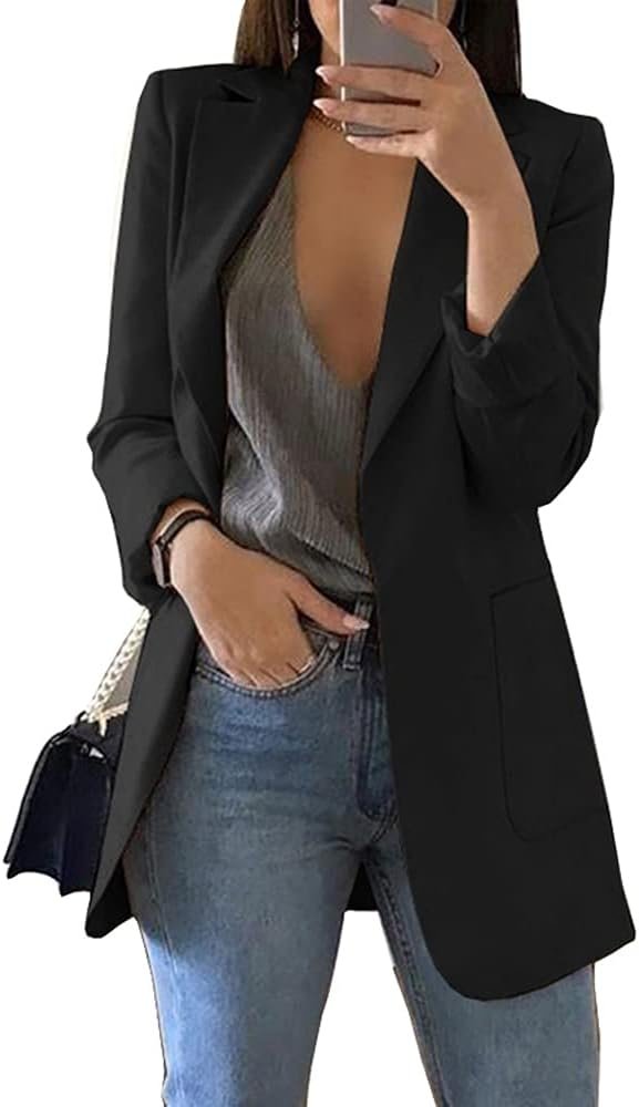 Cnkwei Womens Casual Blazers Open Front Long Sleeve Lapel Collar Work Office Jacket