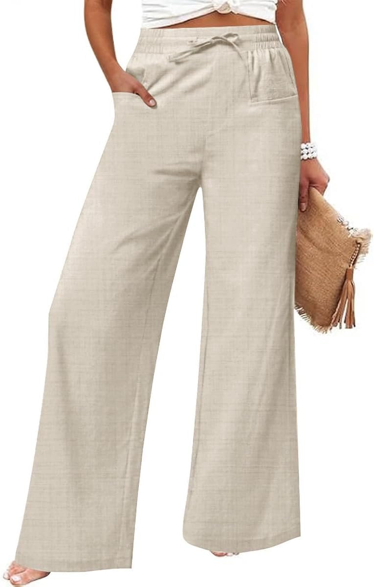 JEKAOYI Women’s Casual Linen Wide Leg Pants with Pockets Boho Palazzo High Waisted Drawstring Lounge Trousers