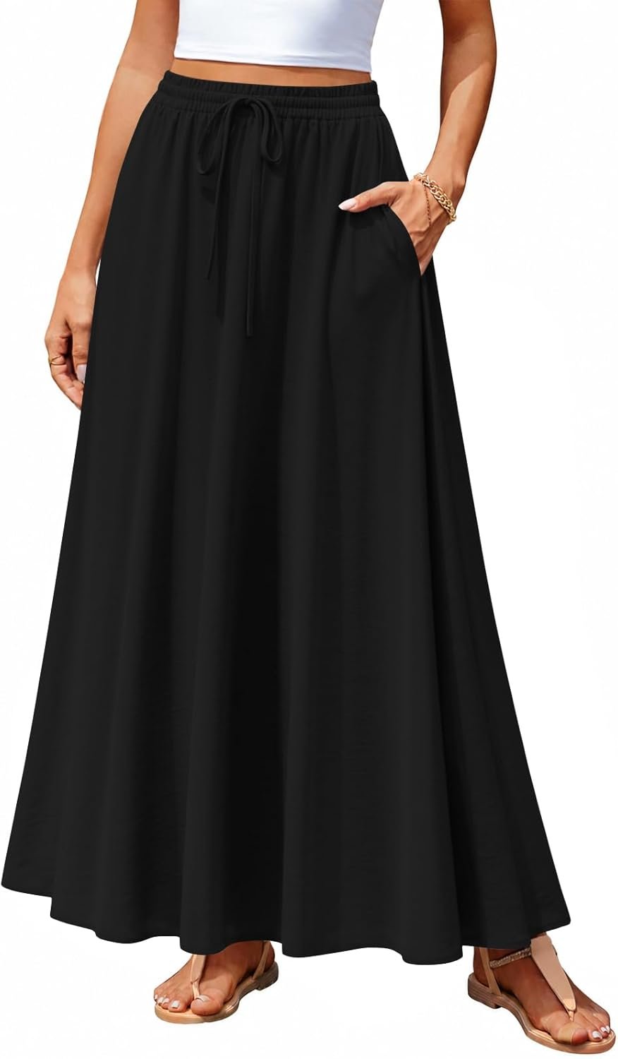 Aodemo Women’s Flowy Maxi Skirt Summer Boho Pleated Elastic Waisted Casual Beach Long Skirts with Pockets