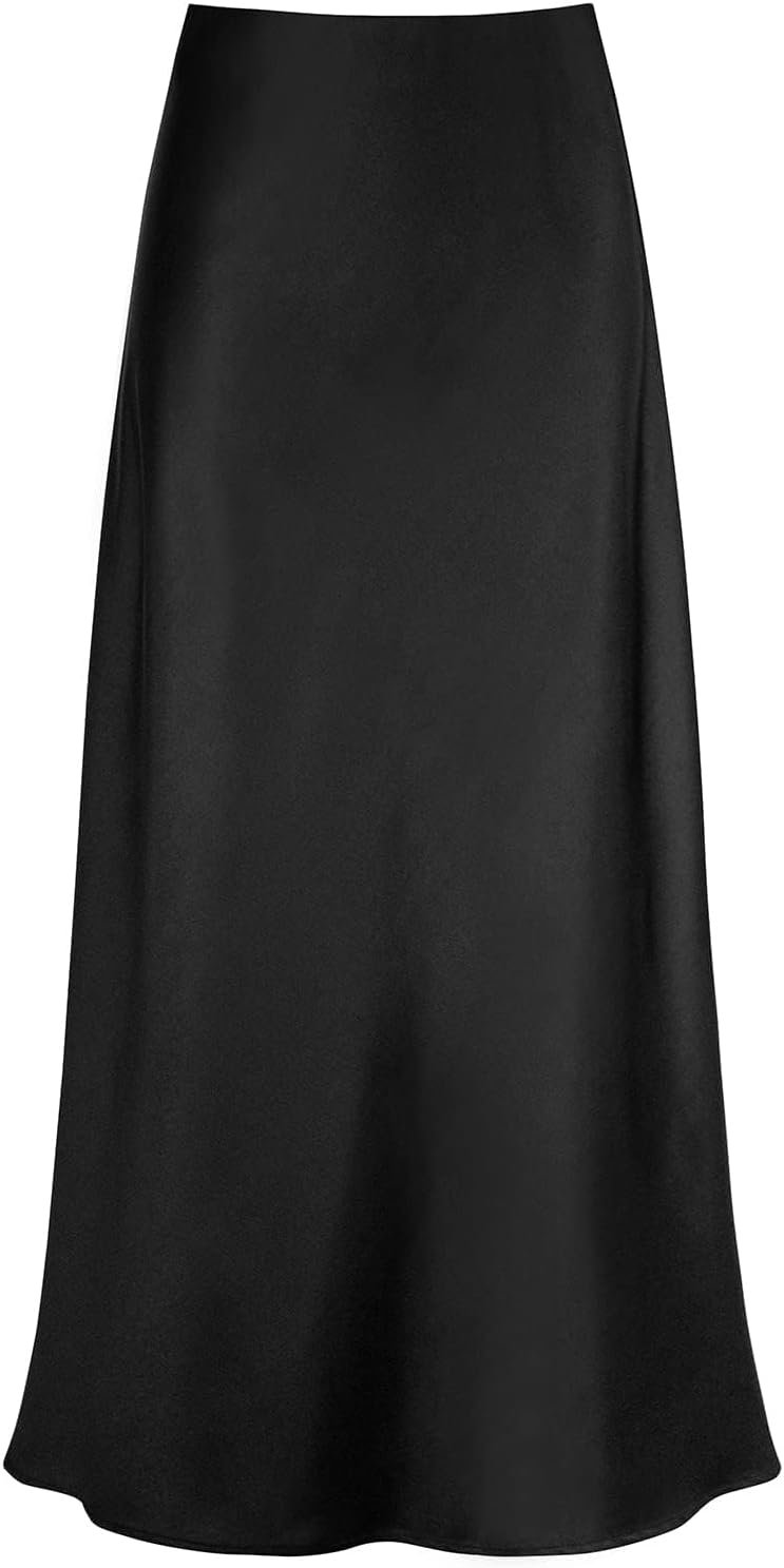 Outoshe Women’s Satin High Waisted Maxi Skirts Hidden Elasticized Waistband A Line Long Skirt