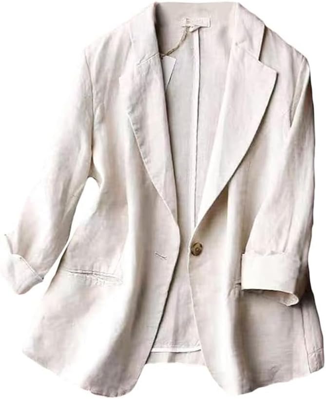 Kinghua Women’s Casual One Button Linen Blazer Jackets Lapel 3/4 Sleeve Suit Blazer