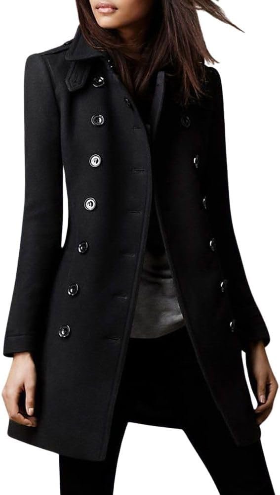 chouyatou Women’s Winter Double Breasted Wool Coat Elegant Collared Wool Blend Trench Pea Coat