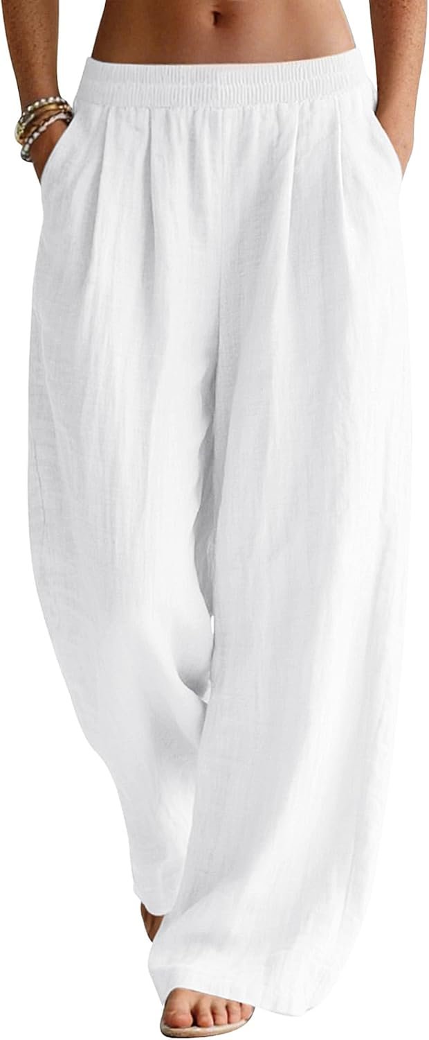 LOMON Linen Pants Women Wide Leg Palazzo Summer Flowy Pants Beach Vacation Clothes Elastic Waist Travel Trousers with Pockets