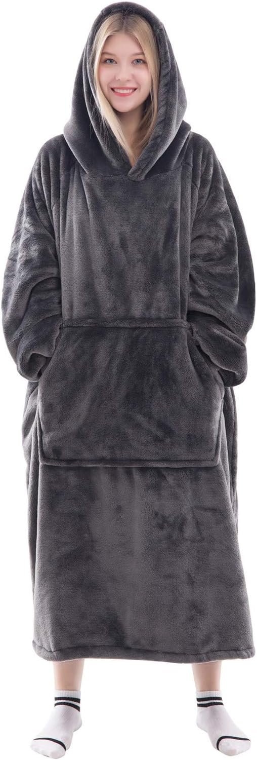 Waitu Wearable Blanket Sweatshirt Gifts for Women and Men, Warm and Cozy Giant Blanket Hoodie, Thick Flannel Blanket with Sleeves and Giant Pocket – Dark Gray