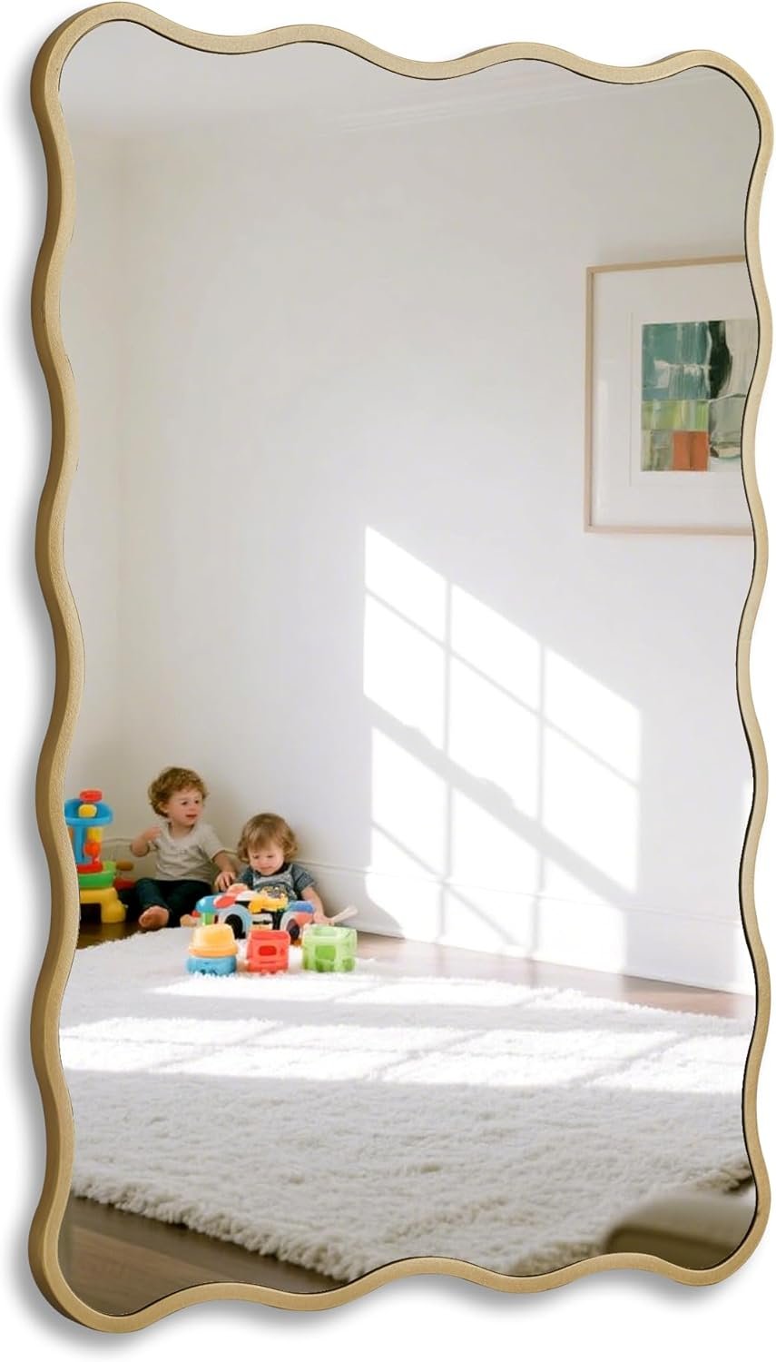 Gold Wavy Bathroom Mirror 20×30 Rectangle Scalloped Farmhous Mirror Modern Wood Farme Mirror Wall Decor for Bathroom Entryway Living Room Bedroom Hallway