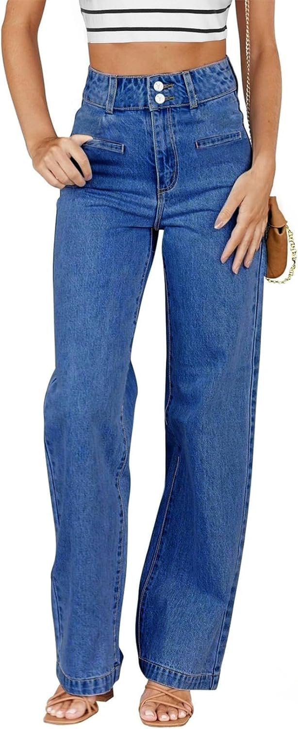Sidefeel Women’s Jeans High Waisted Straight Leg Stretchy Jeans Trendy Loose Wide Leg Zimbaplatinum Denim Pants with Pockets