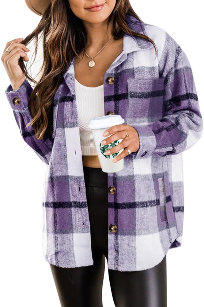 Beaully Women’s Plaid Shacket Jacket Long Sleeve Button Down Flannel Shirts Fashion Jacket Fall Winter Clothes