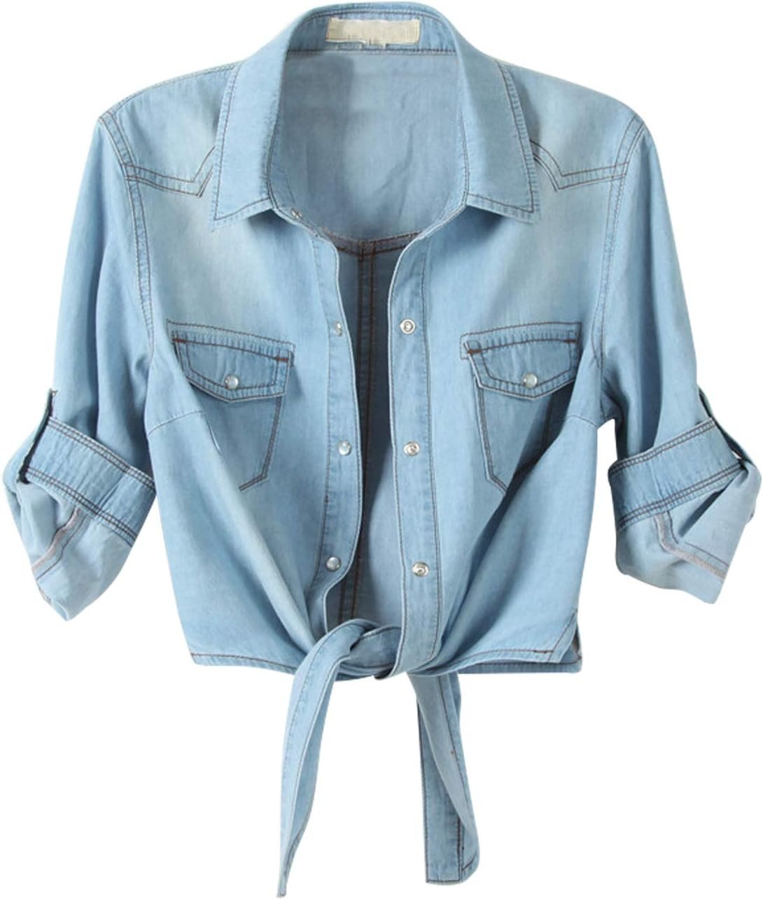 Omoone Women’s 3/4 Sleeve Modern Denim Crop Top Tie Knot Shirt Chambray Cardigan