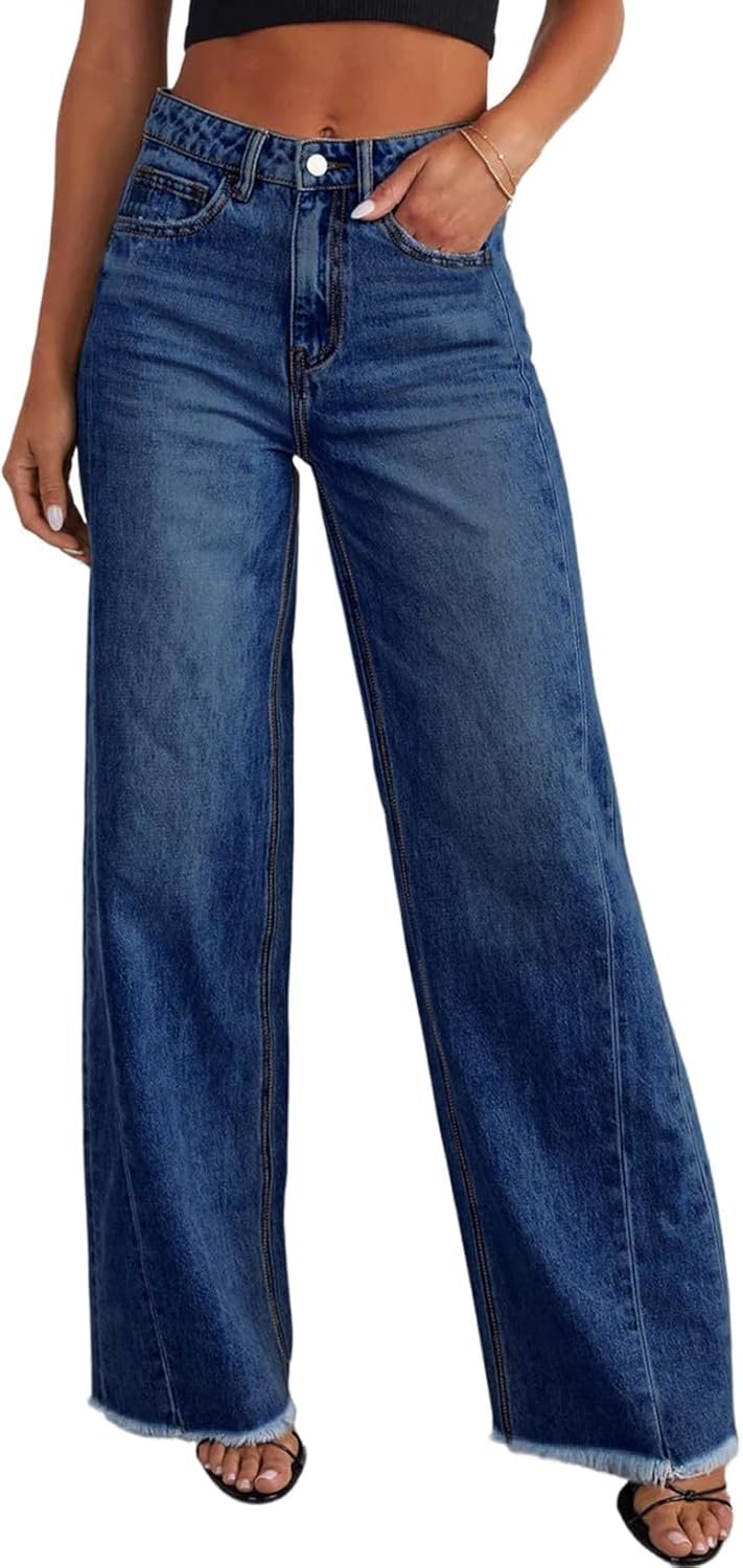 Sidefeel Women’s Wide Leg Jeans High Waisted Stretchy Raw Hem Zimbaplatinum Denim Pants
