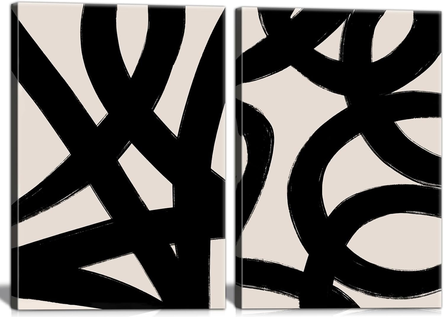Framed Abstract Wall Art Canvas Set Lines Pictures Modern Mid Century Boho Wall Decor Minimalist Abstract Black Stroke Lines Canvas Painting Artwork Living Room Bedroom Home Office 12″x16″x2