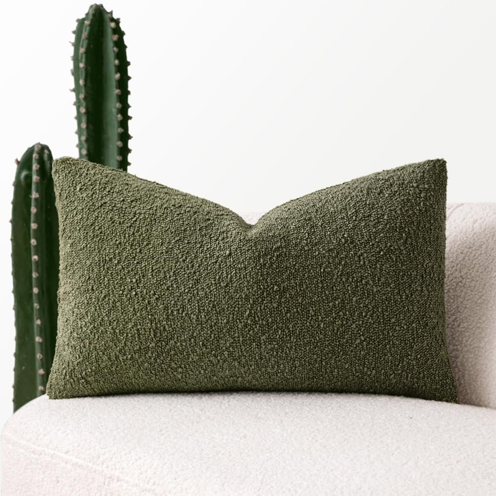 MIULEE Textured Boucle Throw Pillow Cover Olive Green Accent Solid Lumbar Spring Pillow Case Decorative Soft Pack of 1 Couch Cushion Chair Sofa Bedroom Livingroom Home Decor,12×20 Inch