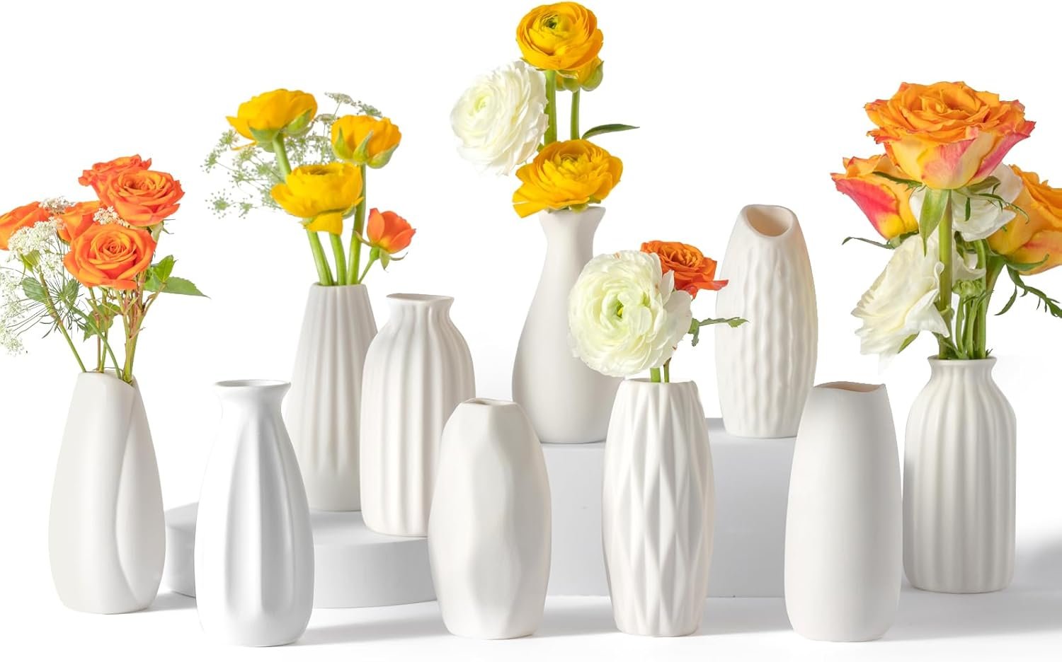 Small White Ceramic Vase Set of 10 – Mini Bud Vases for Flowers and Pampas Grass, Boho Centerpieces for Home and Party Decor, White Vases Home Decor, Ceramic Vase Set for Weddings