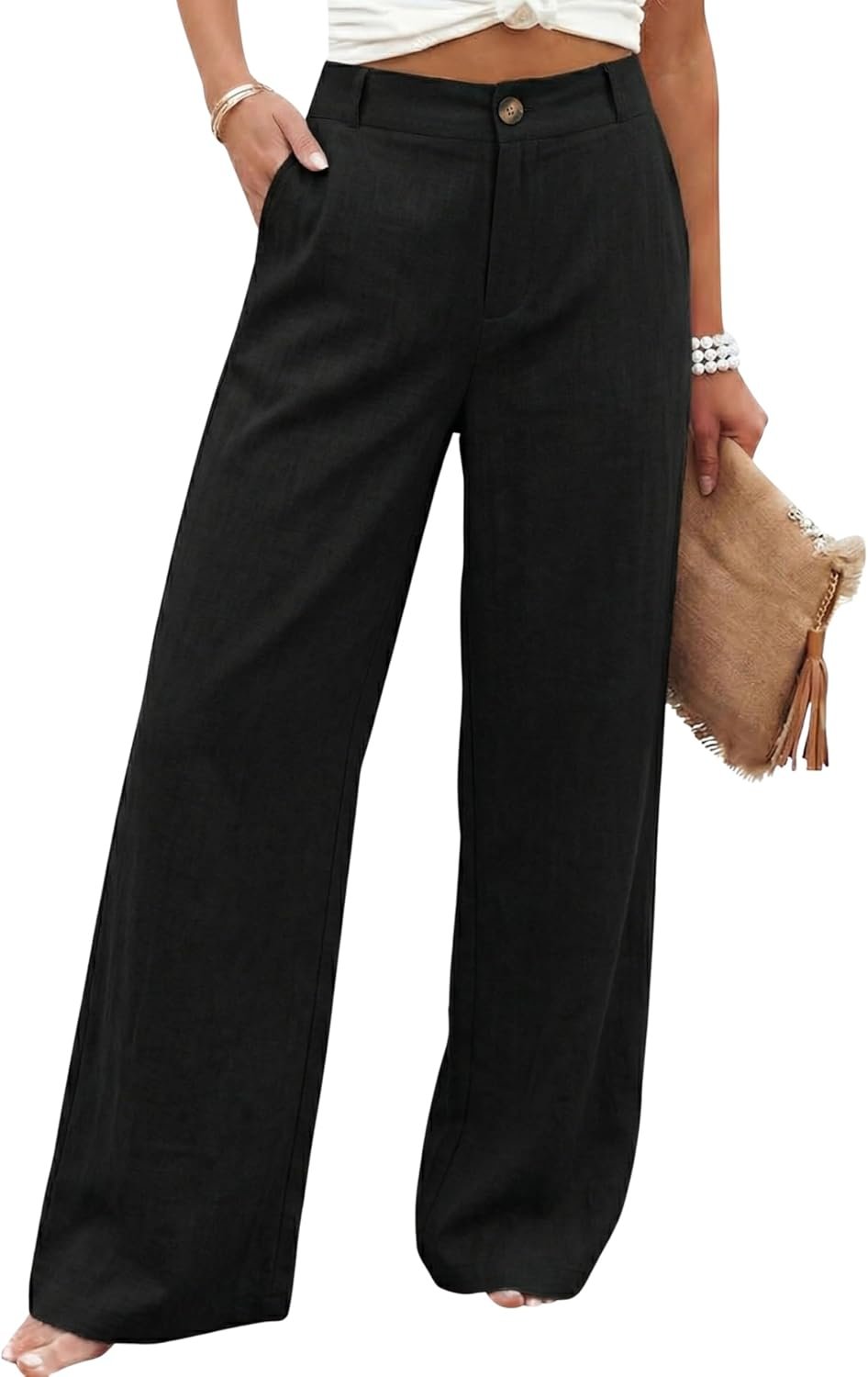 Hooever Womens Cotton Linen Pants Casual Button Up High Waisted Wide Leg Trousers
