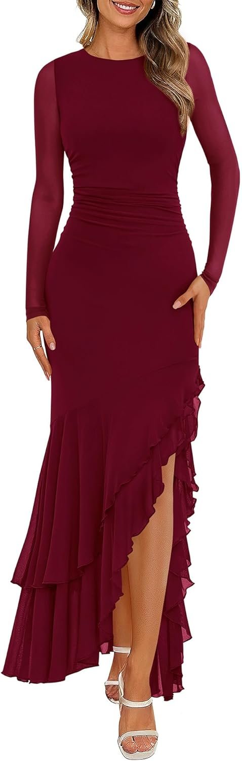 BTFBM Women’s Maxi Dresses Fall 2026 Long Sleeve Ruched Bodycon Solid Ruffle Mermaid Cocktail Wedding Guest Dress