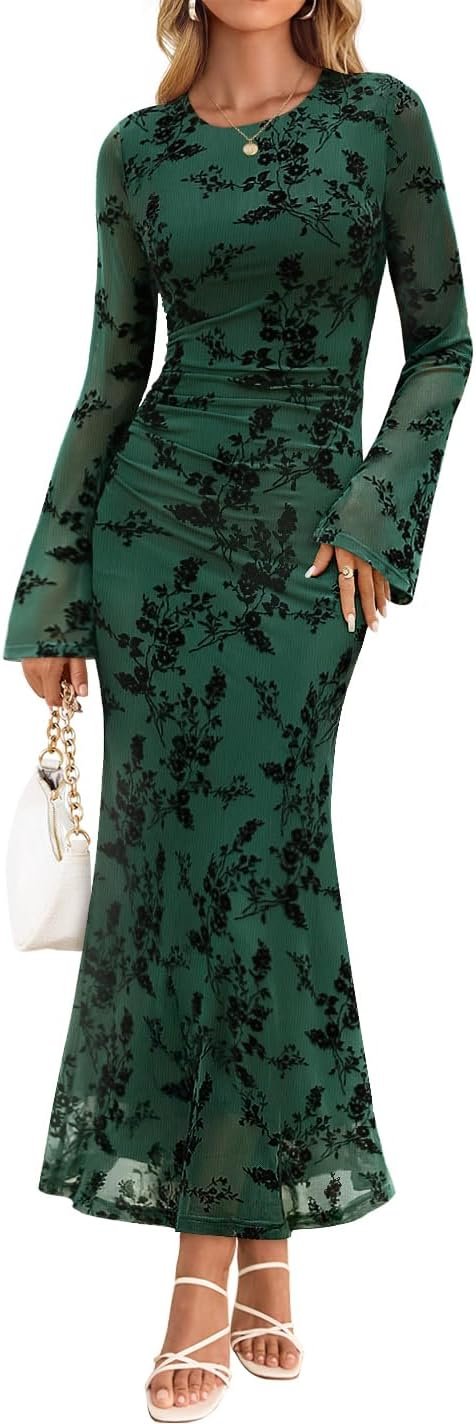 ZESICA Women’s Long Sleeve Floral Bodycon Dress 2026 Spring Fall Ruched Mesh Wedding Guest Cocktail Party Maxi Dresses