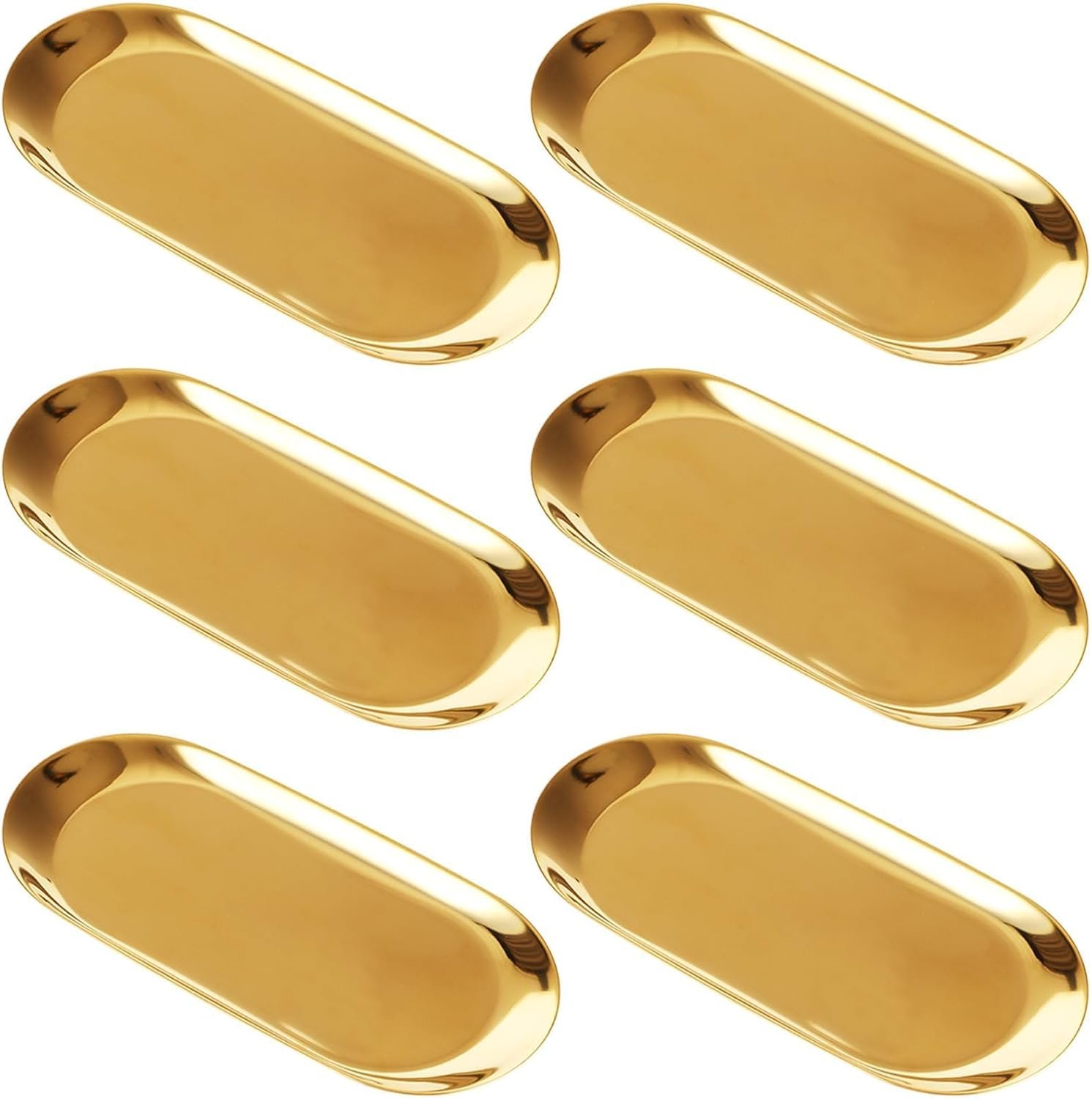 6 Pack Gold Tray Inch Stainless Steel Oval Jewelry Dish Gold Serving Trays Perfume Trays Towel Gold Trays for Decor Vanity Dresser Counter Bathroom