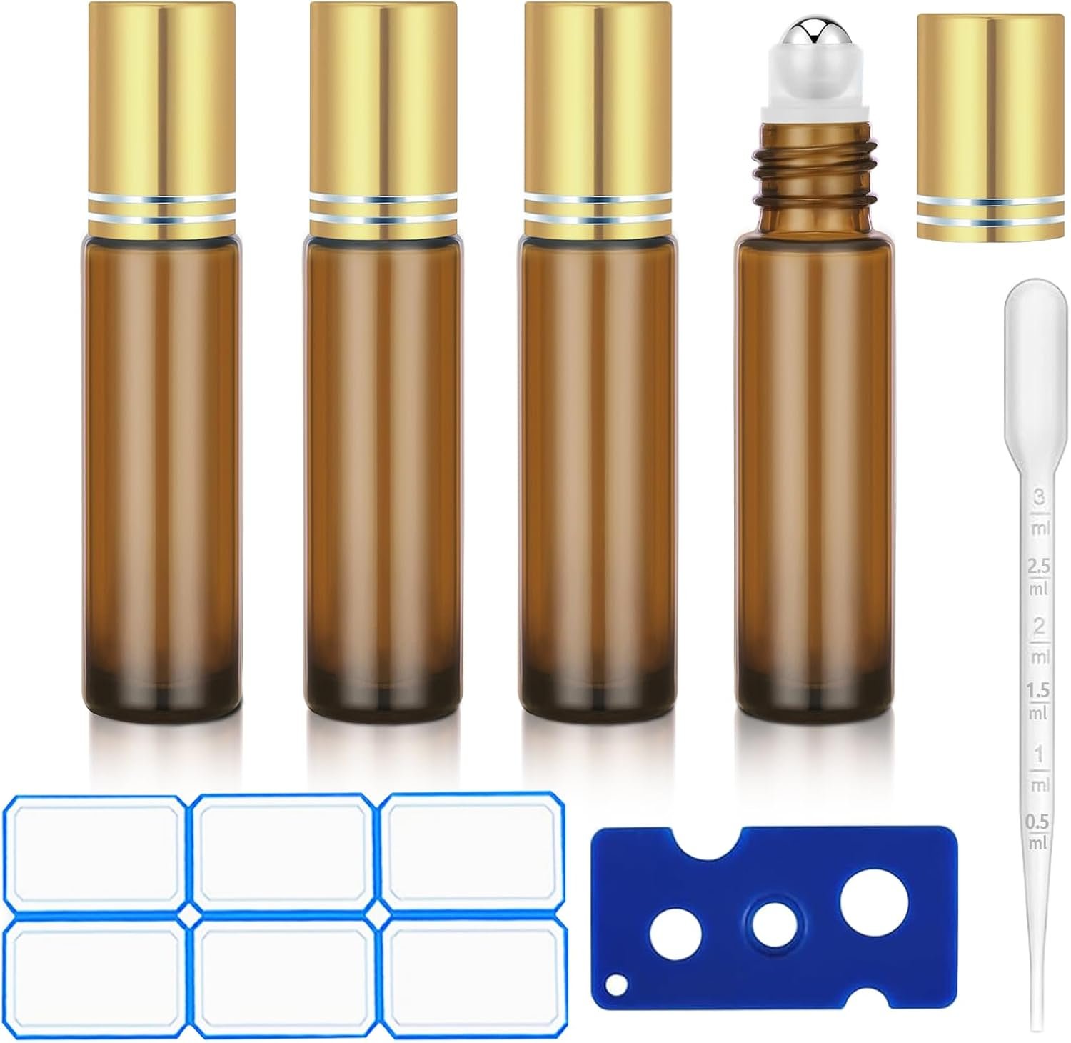 DTDNZKN 4 Pack of 0.34 Oz (10ml) Essential Oil Roller Bottles – Refillable, Leak-proof Amber Glass Roll-on Bottles with Stainless Steel Roller Balls, Metal Caps, and Labels Included