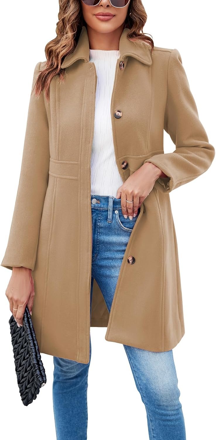 Fisoew Womens Elegant Single Breasted Coat Long Sleeve Mid Winter Overcoat Work Office Pea Coats