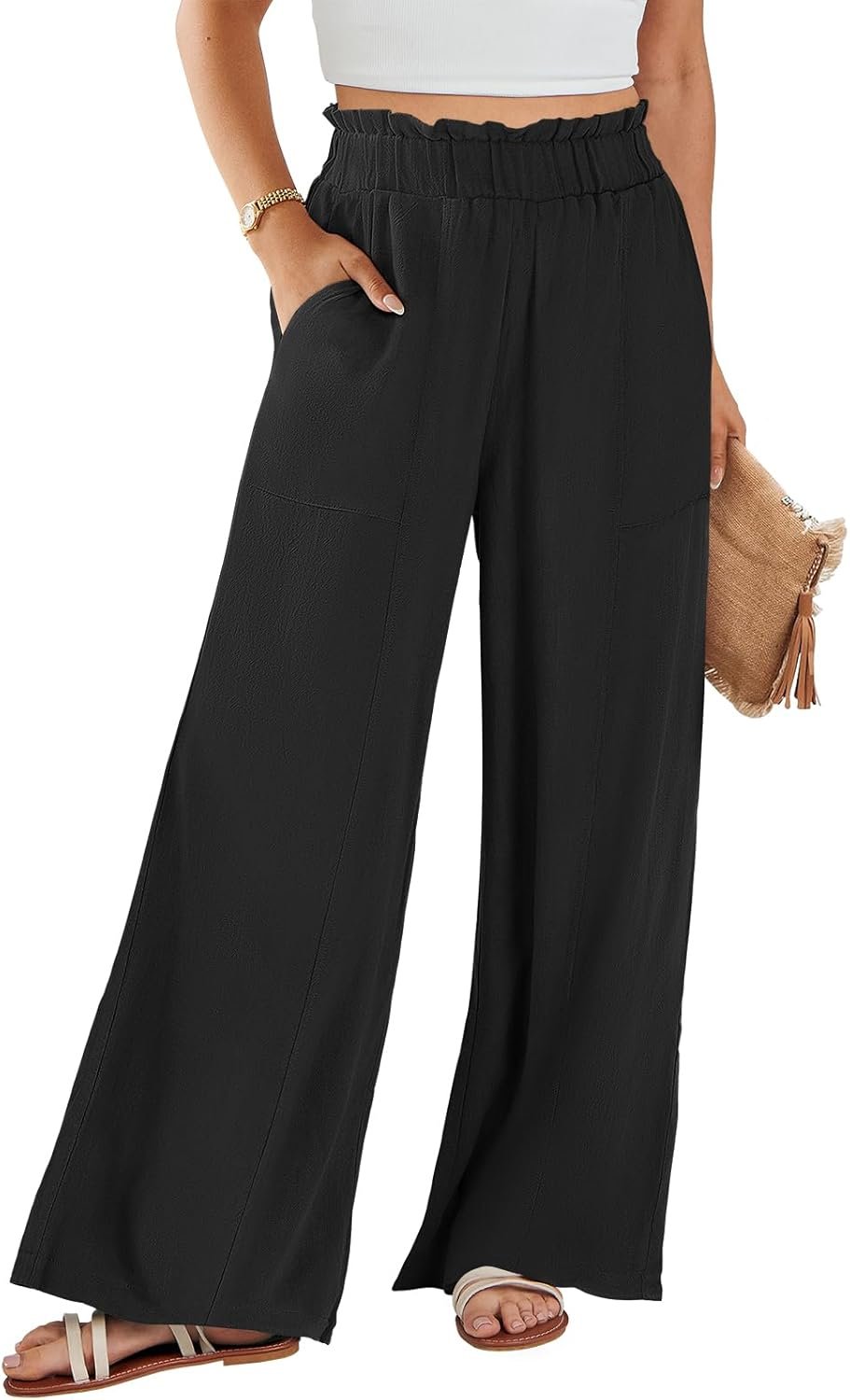 ANRABESS Womens Linen Pants 2026 Summer Casual Loose Wide Leg Palazzo Pants High Waist Flowy Beach Trousers Work Outfits