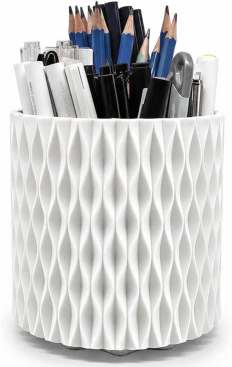 Lebenrich Rotating Pen Holder for Desk, 5 Slots Easthetic Pencil holder Desk Organizer Supplies and Accessories for Women Girls, Pencil Cup for Office Home Art Supply, White