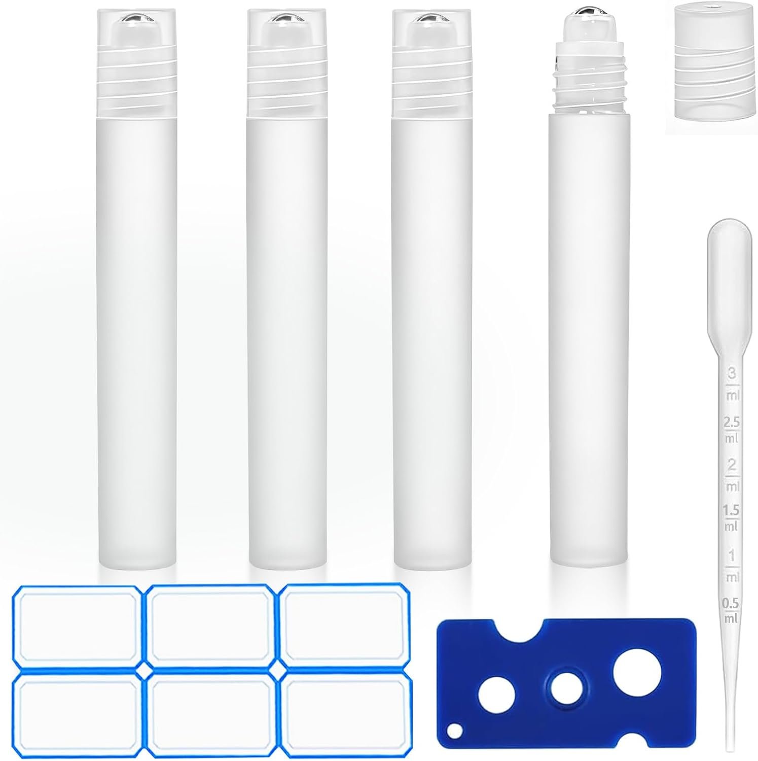4 Pack of 0.34 Oz (10ml) Essential Oil Roller Bottles – Refillable, Leak-proof Plastic Roll-on Bottles with Stainless Steel Roller Balls and Labels Included