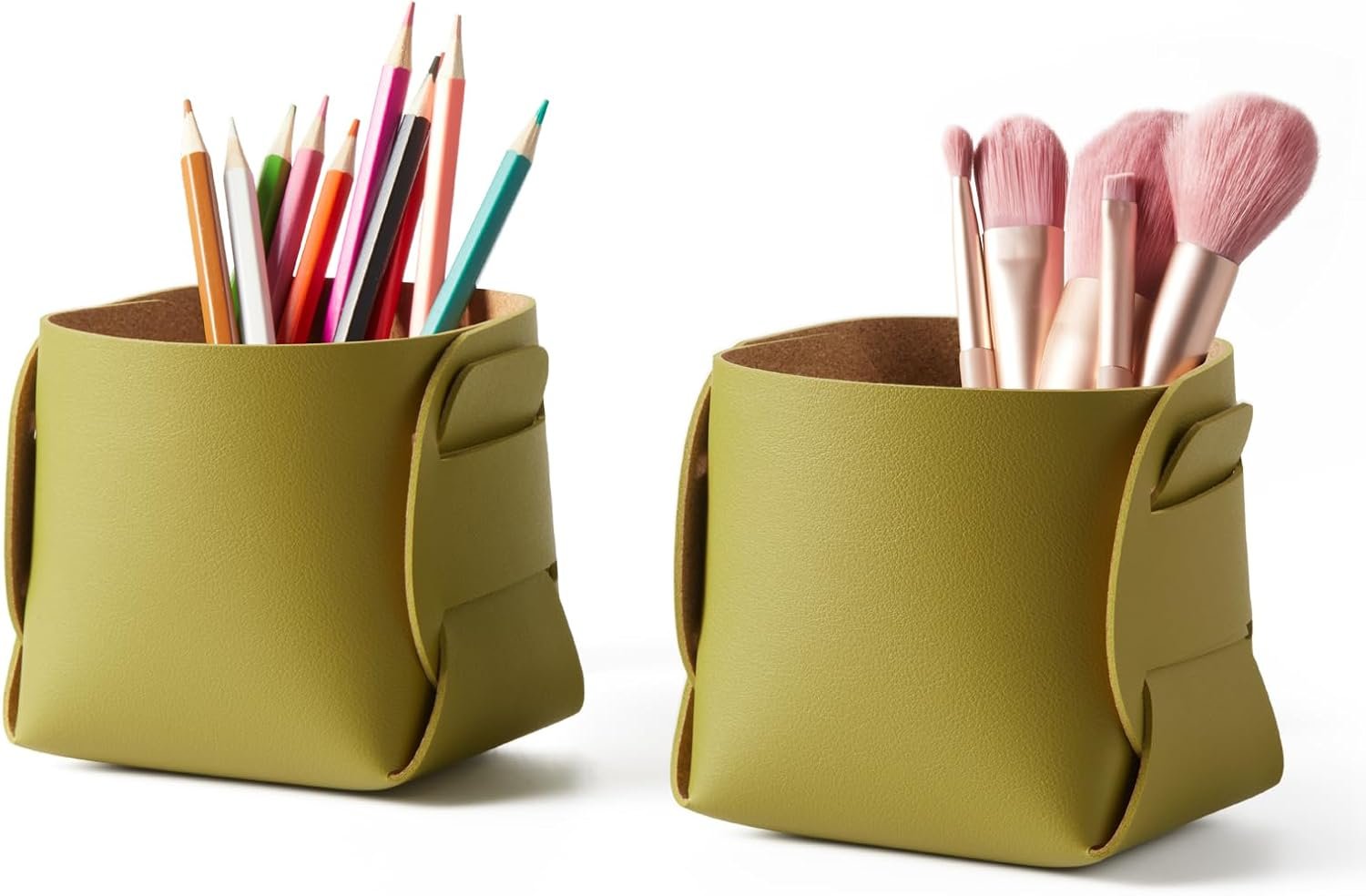 HOMIEAZICOZI 2-Pack Cork Leather Desk Accessories Storage – Pencil Pen Holder – Makeup Brush Holder Organizer – Stylish Addition to Home Decor (Olive Green)