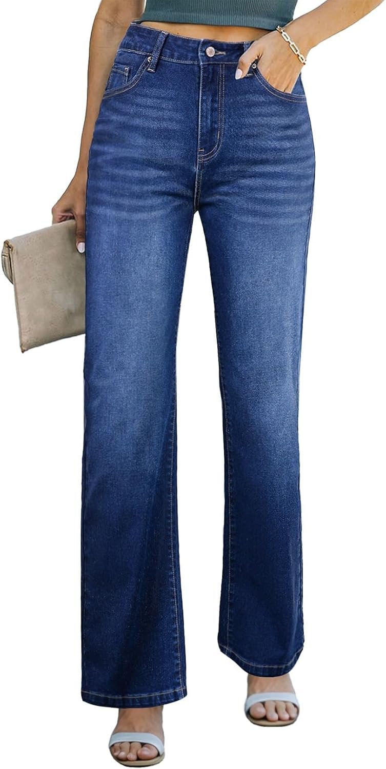 Sidefeel Women’s Wide Leg Jeans Casual High Waisted Straight Zimbaplatinum Denim Pants with Pockets