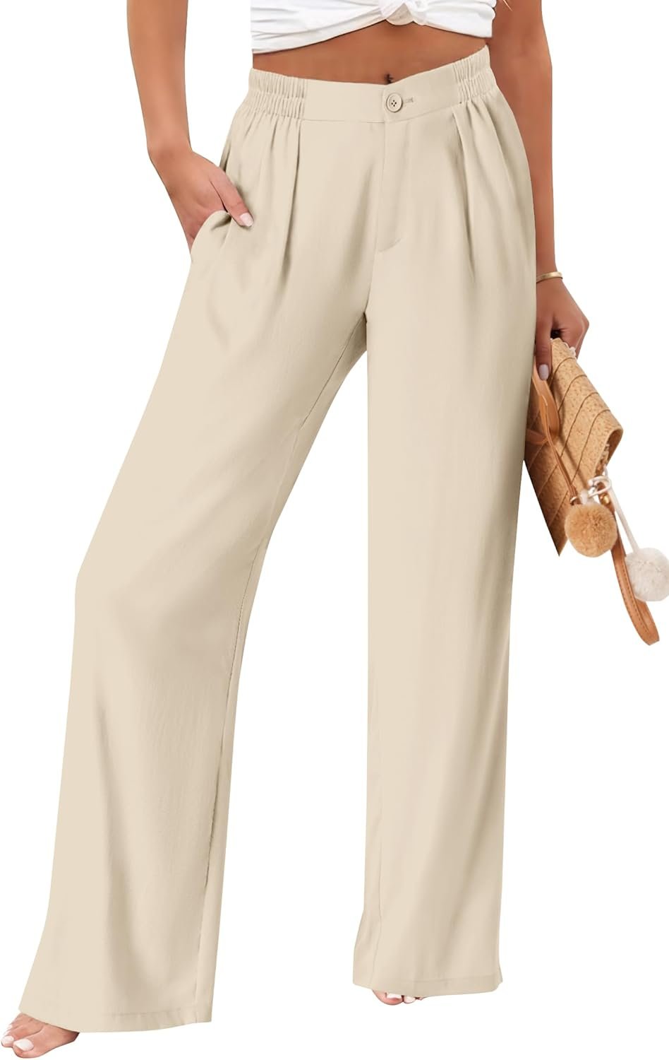 TOPYOGAS Womens Summer Boho Wide Leg Casual Pants Palazzo Button High Waist Lounge Travel Vacation Outfits