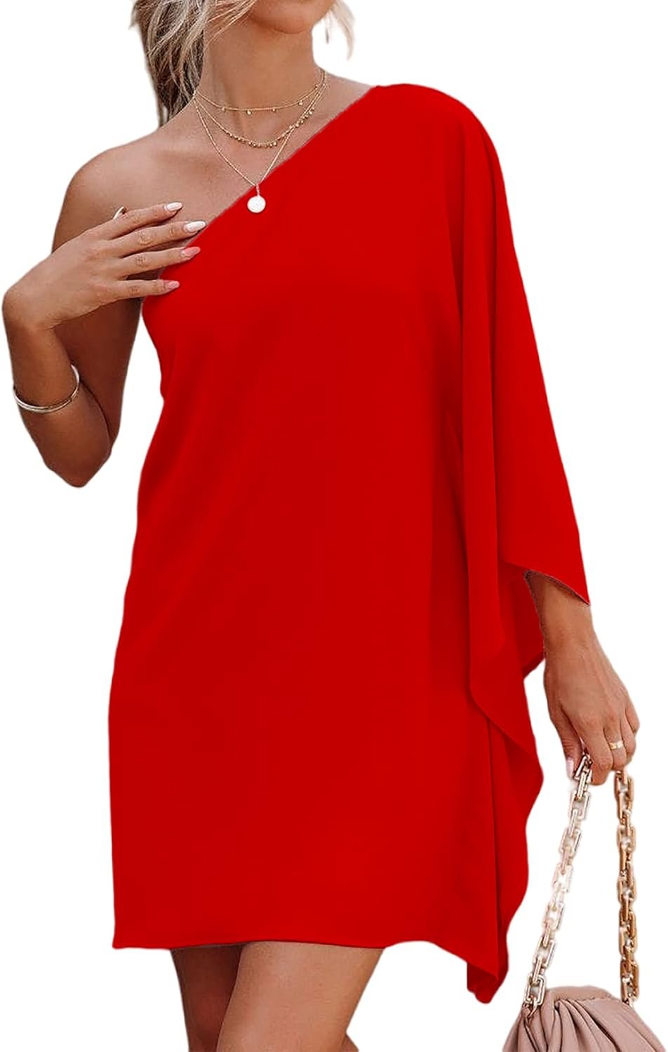 Jhsnjnr Women’s Short Wedding Guest One Shoulder Dresses Formal Batwing Sleeve Club Party Cocktail Dress