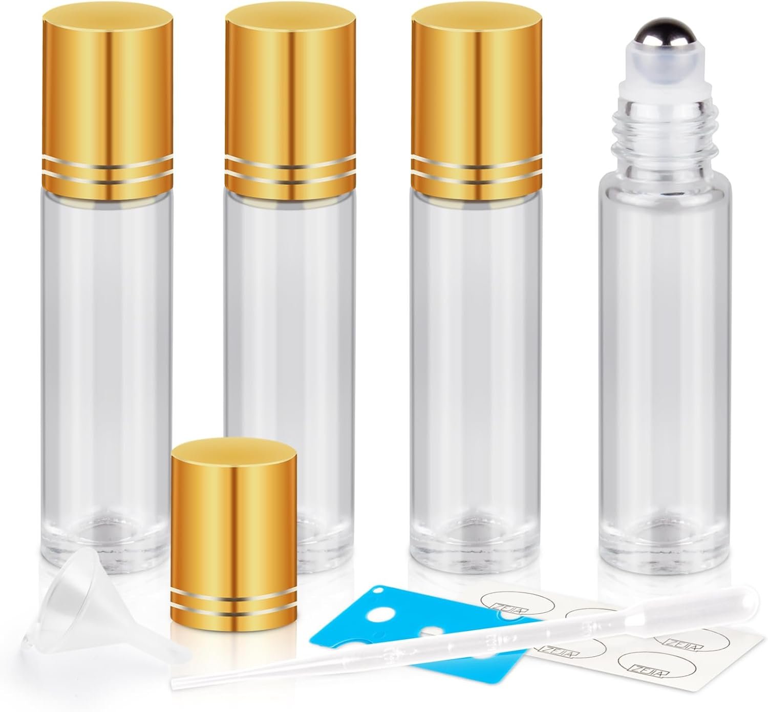 10ml Roller Bottles for Essential Oils, 4 Pack Glass Roll on Bottles, Refillable Perfume Bottle, with Stainless Steel Roller Balls, 2 Droppers, 1 Opener, Labels (Clear)
