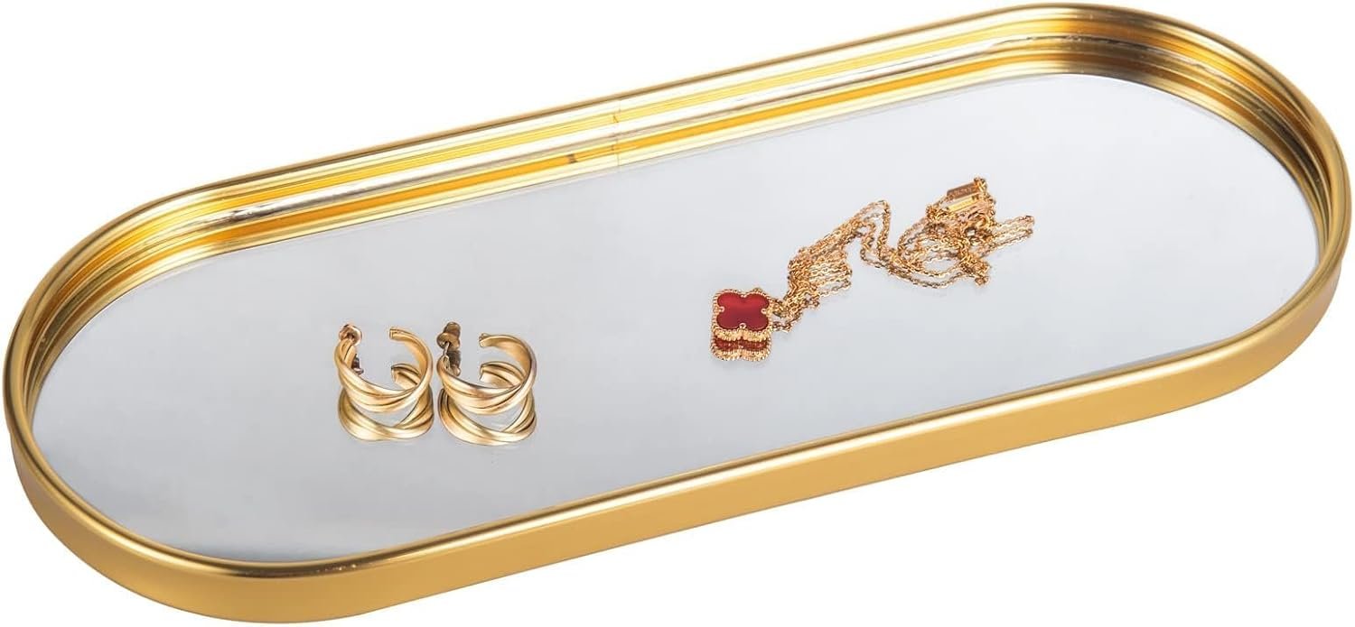 Feyarl Gold Mirrored Jewelry Trinket Tray Vanit Little Ring Earings Organizer Ornate Cosmetic Perfume Tray Display Decorative Coffee Table Tray for Home Decor Dinning Room Dresser Tabletop