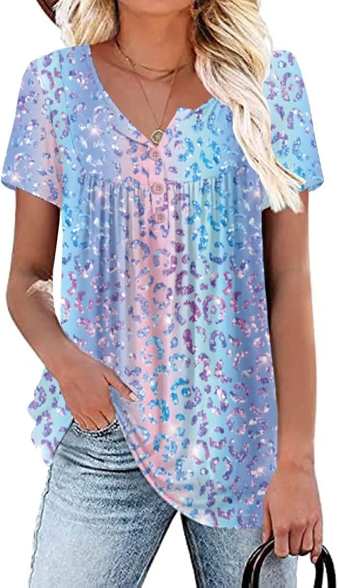 Womens Summer Plus Size Tops Blouses Short Sleeve Shirts Lace Pleated Tunic Tops M-4XL