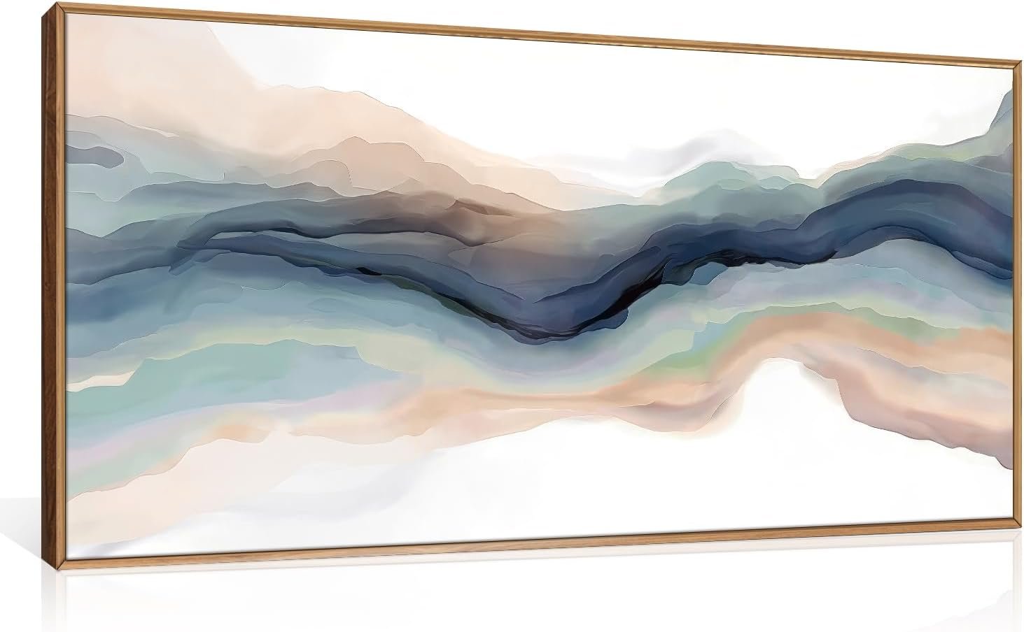 HLNIUC Navy Blue Abstract Framed Canvas Wall Art, Watercolor Wave Line Horizontal Wall Decor, Long Teal Orange Coastal Artwork(40″x20″), Large Neutral Modern Prints for Living Room, Bedroom, Office
