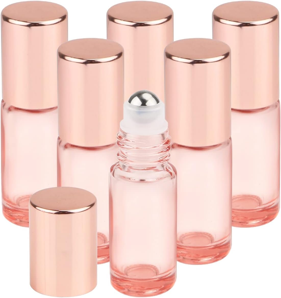 Wresty 1/6 Oz Pink Glass Roller Bottles, 6 Pack 5ml Roll On Bottles With Rose Gold Lids For Essential Oils, Perfume, Cosmetic Liquid