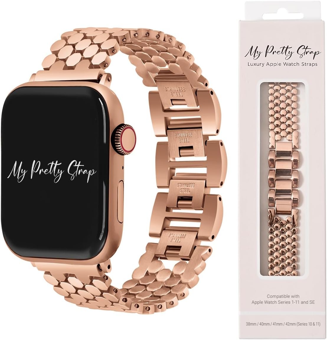 My Pretty Strap – Compatible Apple Watch Band Strap, Stainless Steel Fashion iWatch Replacement Strap- Easy Resizing, No Tool Needed, Fits Most Wrists- Series 1-11, SE and Ultra