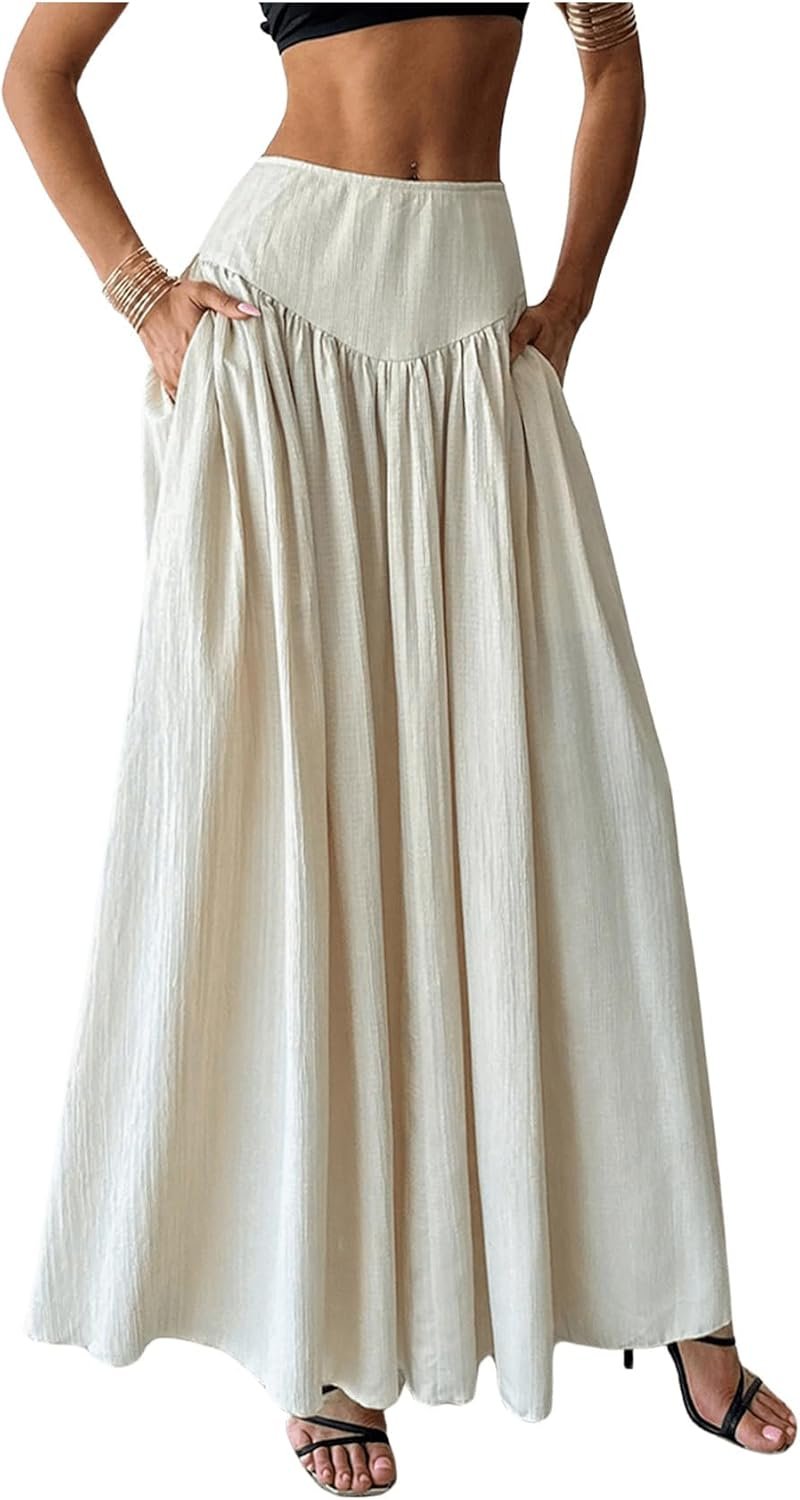 Milumia Women’s Pleated Flowy Long Skirts High Waist Maxi Skirt with Pocket