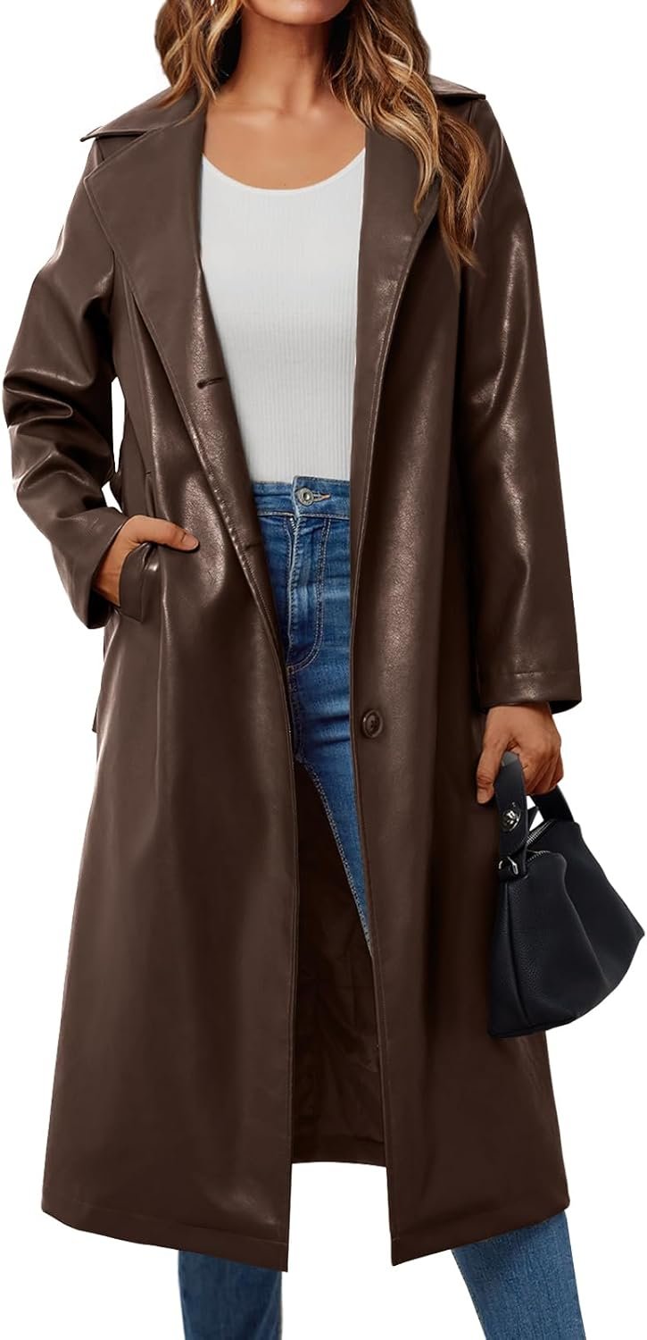 Trendy Queen Womens Long Lapel Faux Leather Jackets Trench Dress Coat Blazer Three Breasted Open Front Peacoat with Belt